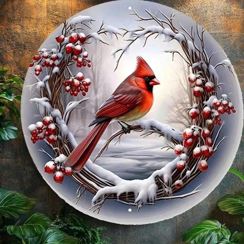 Christmas Red Grey Bird Wreath Metal Door Sign 8x8 Inch Aluminum Wall Decor Winter Home Kitchen Hanging Plaque