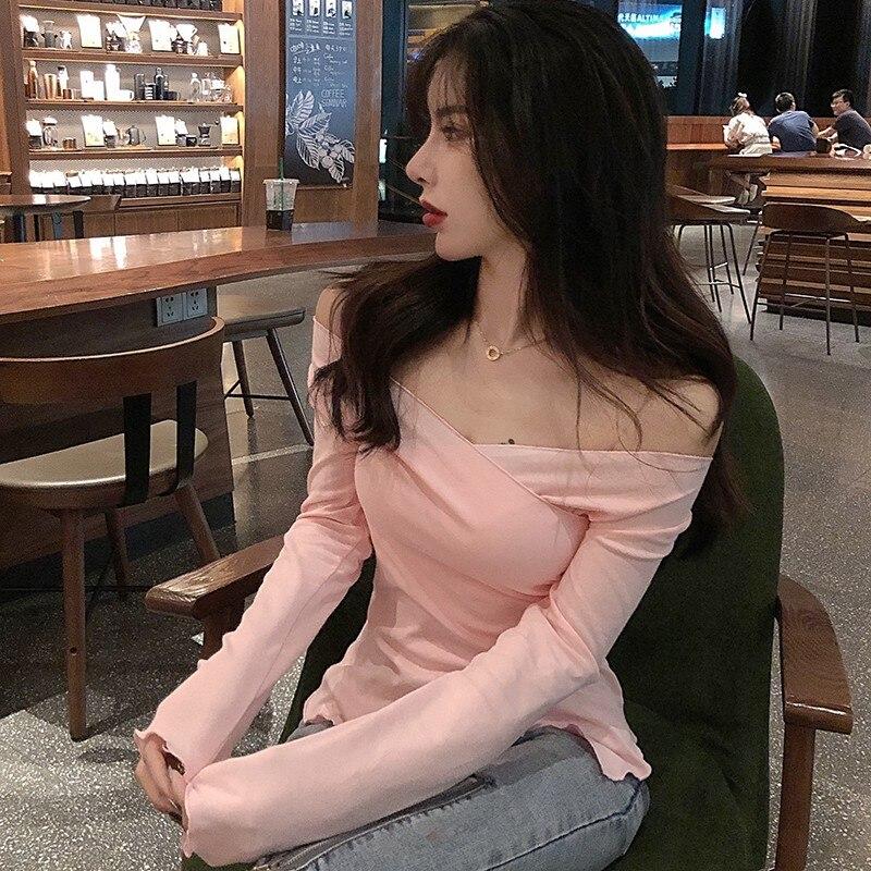 Korean Style Long Sleeve Solid Color T Shirts Women Sexy V-neck Split Womens Fashion Casual Top Tee Shirt