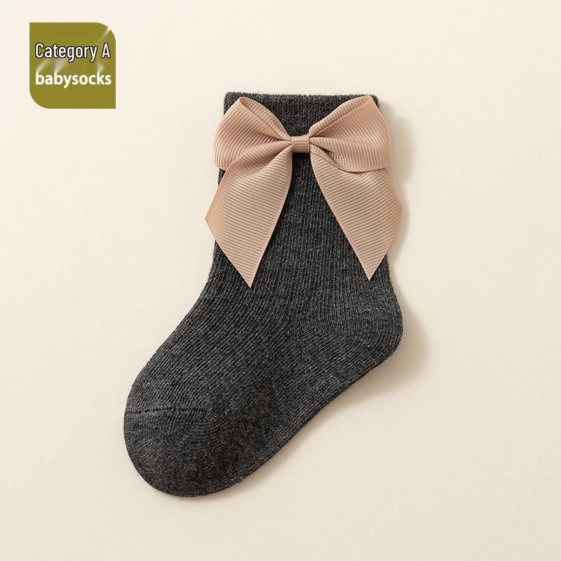 Korean Style Combed Cotton Baby Socks, Spring & Autumn, Bow Knot Design, Loose Cuff, Mid-Calf Length