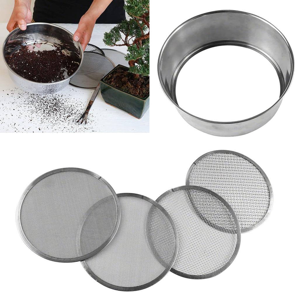 Stainless Steel Soil Sifter Set for Gardening 8 Inch Diameter with 4 Interchangeable Mesh Sizes 0.7/1/3/5mm