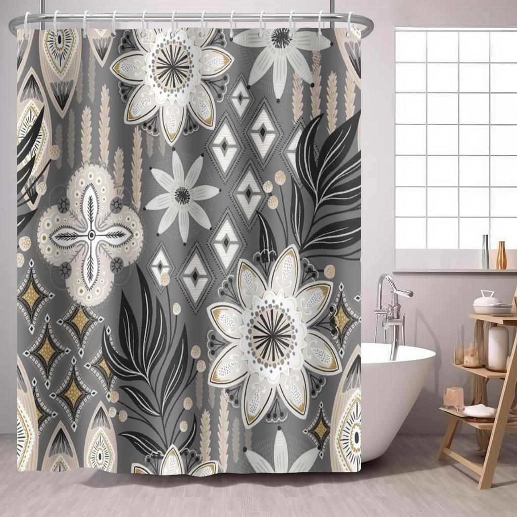 Boho Flower Shower Curtain Mandala Floral Vintage Flower,Pink Blue Bright Petal Leaves Farmhouse Fabric Shower Curtains Bathroom