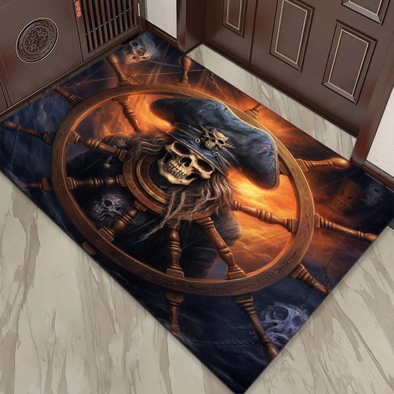Pirate Skull Steering Wheel Rug for Nautical Themed Rooms - Adventure Decor, Ocean Inspired Flooring Skid resistant carpet
