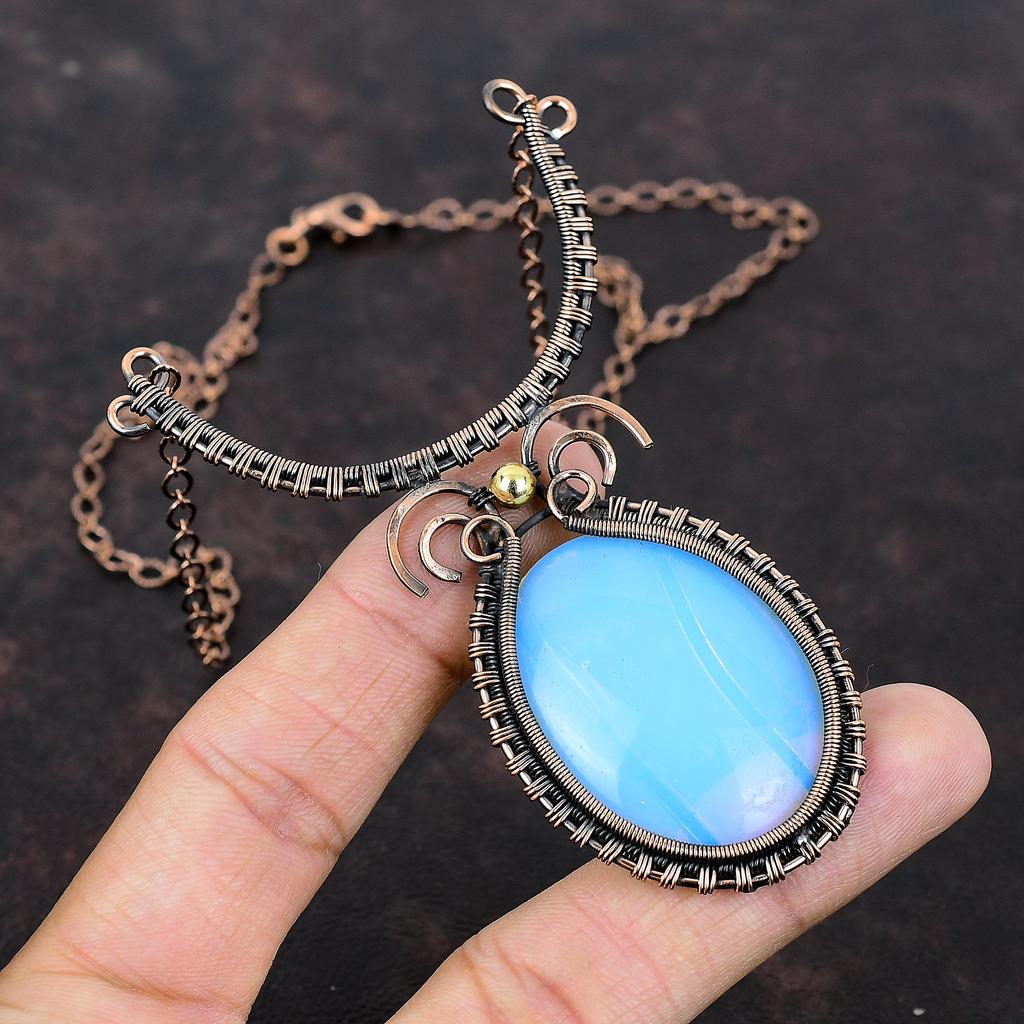 Milky Opal Necklace Copper Wire Wrapped Necklace Adjustable Necklace Gemstone Necklace Copper Wire Wrap Jewelry Handmade Necklace For Gift