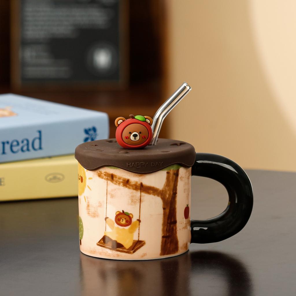Cute Apple Bear Ceramic Cup with Silicone Lid Straw Water Cup High Precision Cute Mug Household Cup Gift