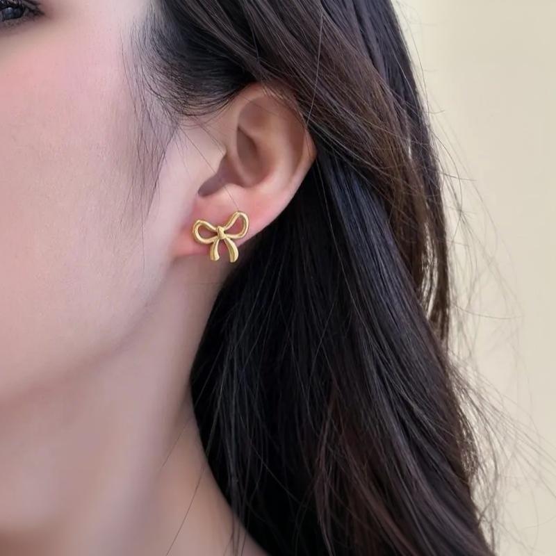 3Pcs Stainless Steel Delicate Golden Colour Fashion Bow Neckle Bracelet Earrings Titanium Jewelry Set Bow Pendant Accessory