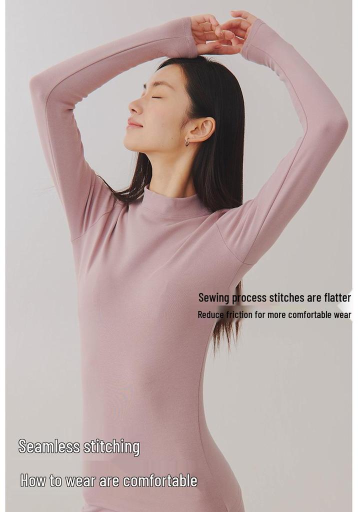 2025 Damen Mid-Neck Reines Baumwoll Herbst Thermotop, 280g Verdickt Gebürstet, Enganliegende Unterwäsche