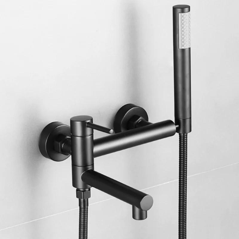 

Смеситель для ванны, душа, ванной комнаты с поворотным изливом и ручным душем, латунный, настенный, смеситель горячей и холодной воды, кран для ванны чёрный