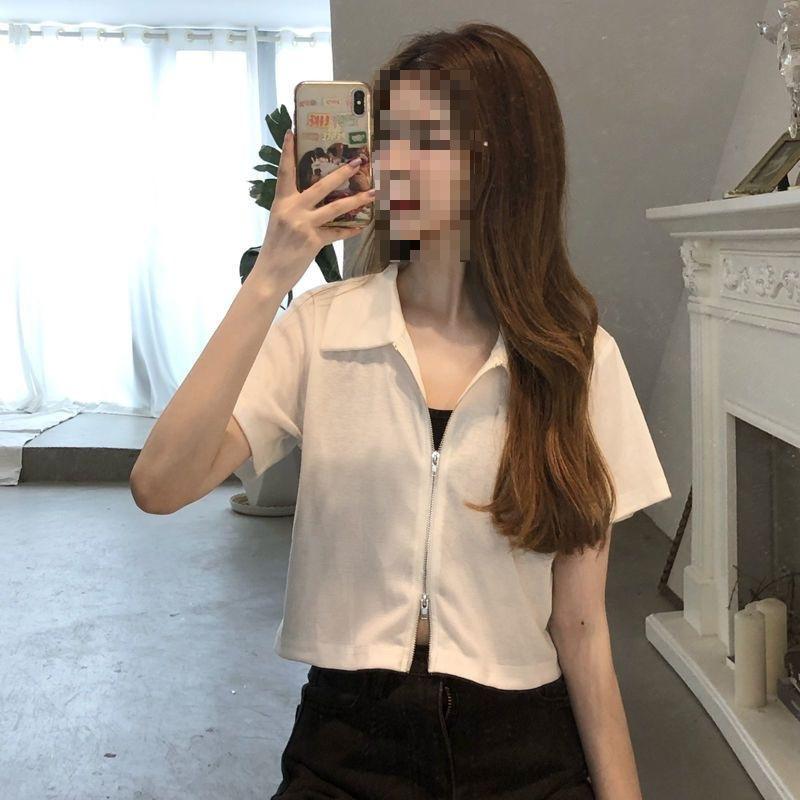 Women's Turn Down Collar Short Sleeve Blouse Loose Fit Cropped Zip Front Solid Color Korean Casual Summer Crop Shirt Top