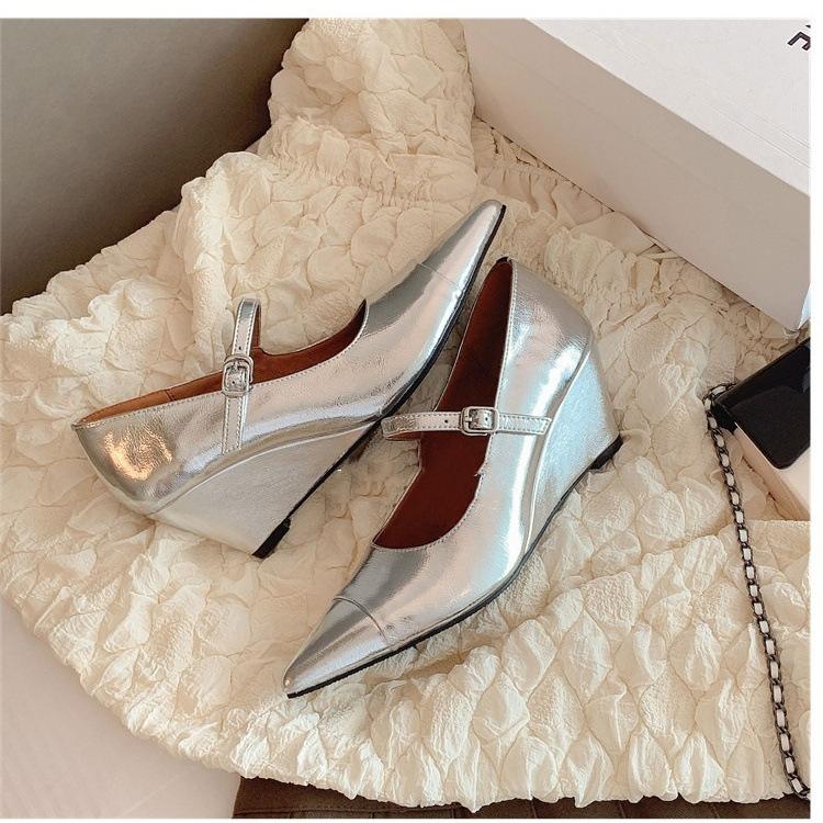 

лето 2025 новый французский темперамент светская львица серебристые туфли на высоком каблуке-клине с острым носком с открытым вырезом Мэри Джейн туфли-лодочки женские 40 серебряный