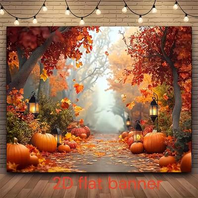 2D Fall Forest Banner, Leaves & Pumpkins Backdrop for Decor & Party