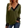 Women's Fashion Plus V-neck Button Up Long Sleeved Color Blocked Pullover T-shirt Top