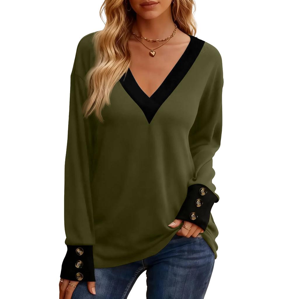 Women's Fashion Plus V-neck Button Up Long Sleeved Color Blocked Pullover T-shirt Top