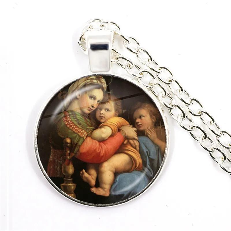 Virgin Mary and Baby Jesus Christian Catholicism Jewelry Necklace Blessed Mother Religious Art Glass Cabochon Dome Pendant Gift
