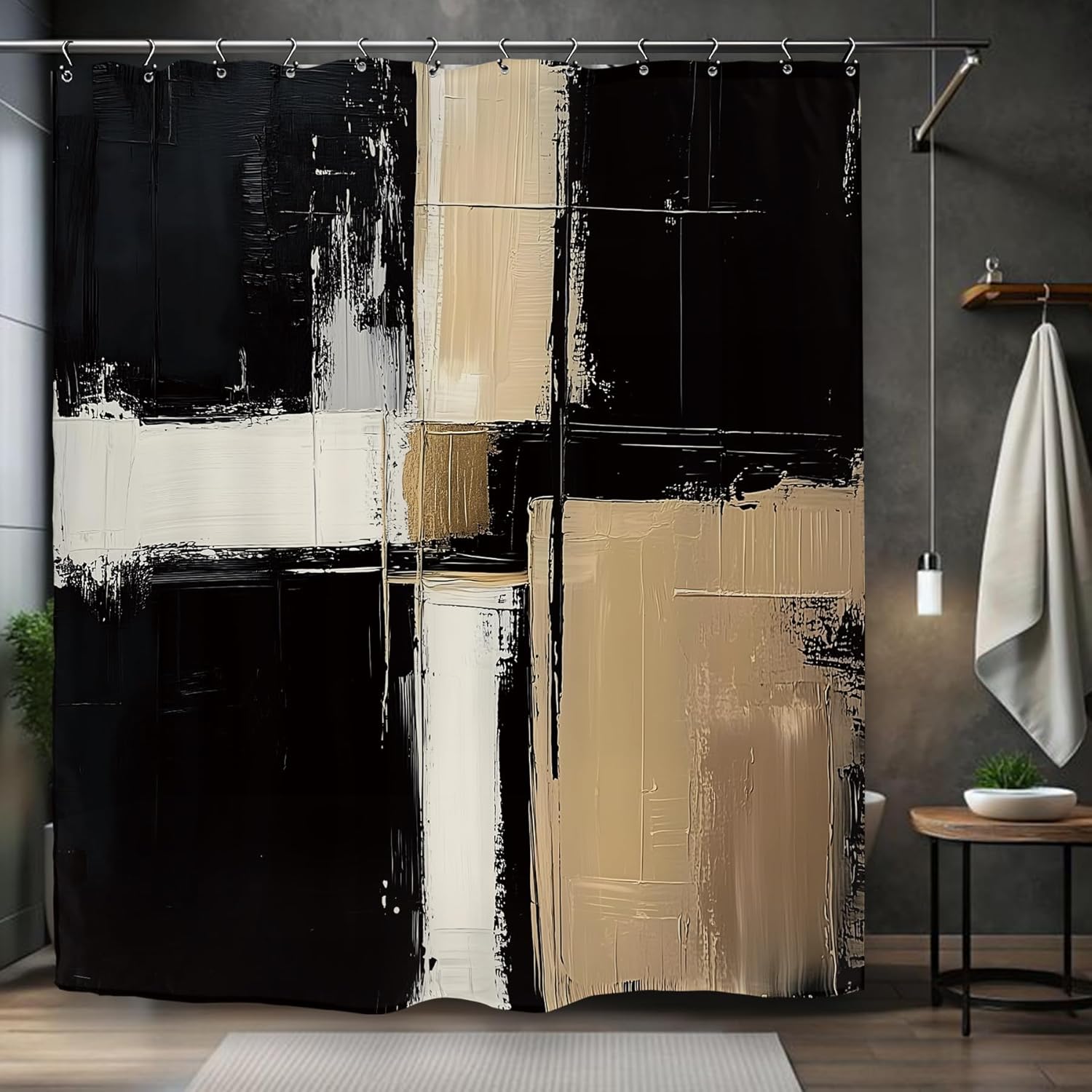

Abstract Beige Black Geometric Pattern Waterproof Polyester Shower Curtain 180X180Cm - Modern Art Print Bath Living Room Decor W60H190(CM)-1 Pcs