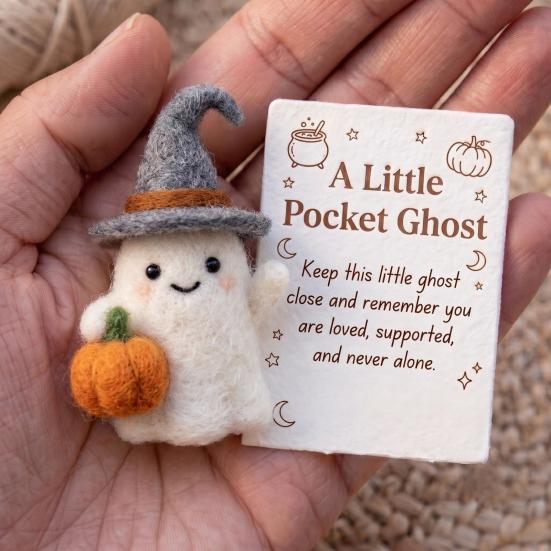 Needle Felted Figurine Little Pocket Ghost, Halloween Handmade Wool Ghost with Pumpkin, Mini Small Prop Plush Doll Inspirational Card, Emotional