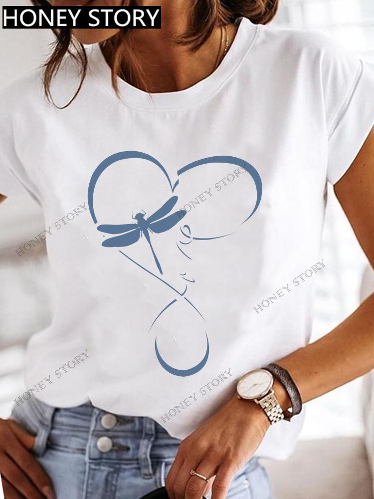 Dragonfly Butterfly Print Base Top Loose Women's Short-sleeved T-shirt Round Neck Oversized T Shirt  Women Clothes