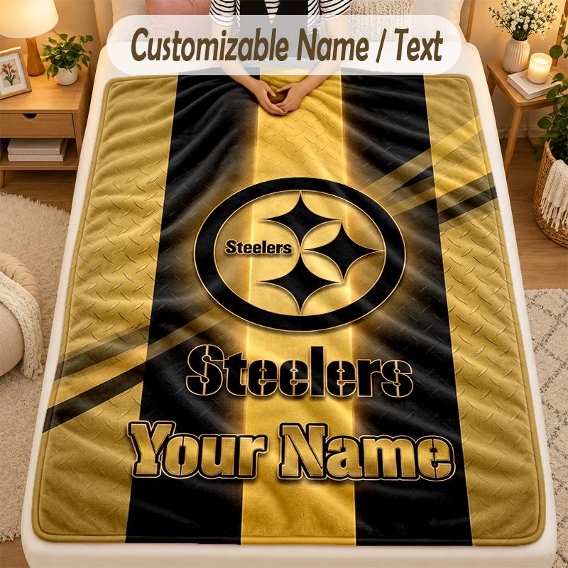 Flannel BlanketPittsburgh Steelers Custom Name Text Personalized Soft Warm Throw Blanket Home Decor Gift