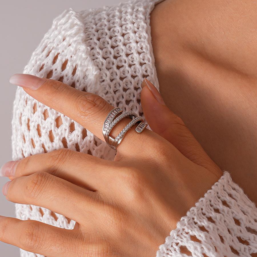 Zircon geometric multi-layer cross opening ring niche light luxury versatile jewelry
