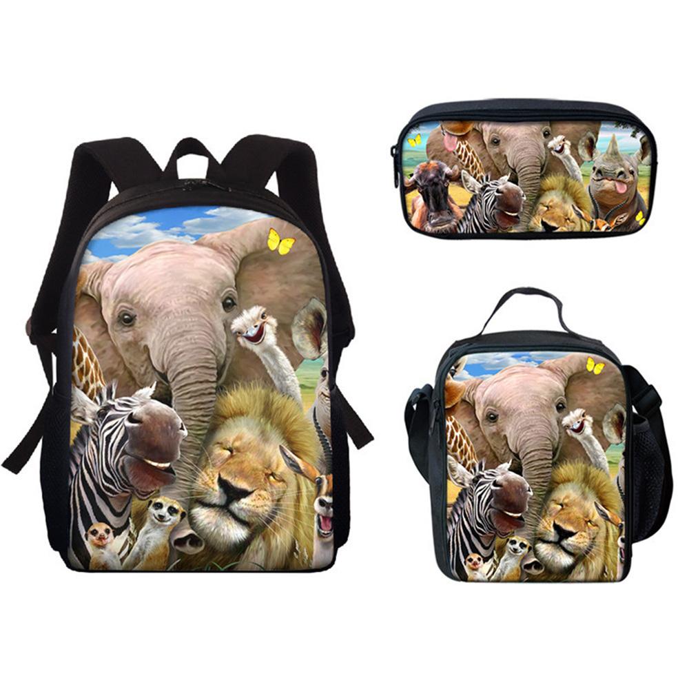 Klassisch Neuheit Lustig Cool Elefant Tiere 3D Druck 3 Stück/Set Schüler Schultaschen Laptop Tagesrucksack Rucksack Brottasche Federmäppchen