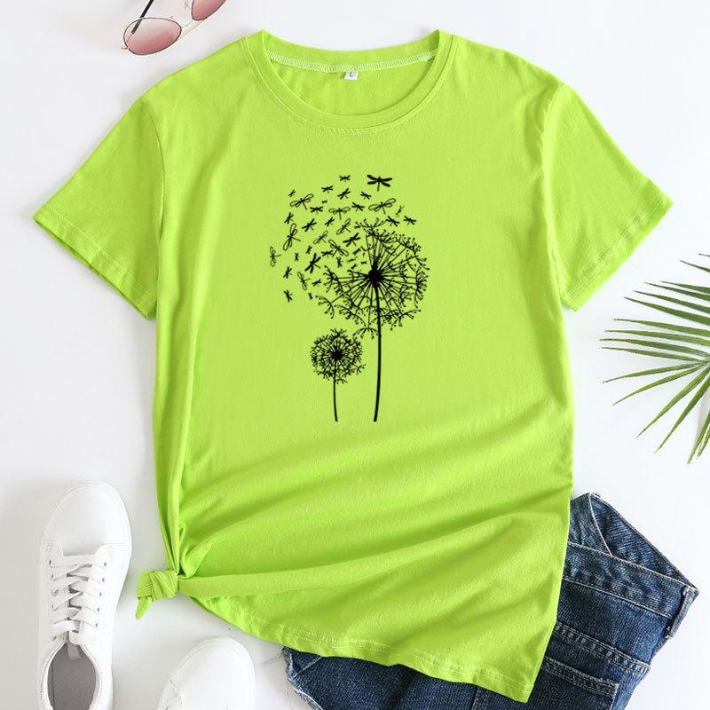 Summer Round Neck Dandelion Dragonfly Pattern Printed Top Fashionable Casual Short Sleeved Women's Pure Cotton T-shirts