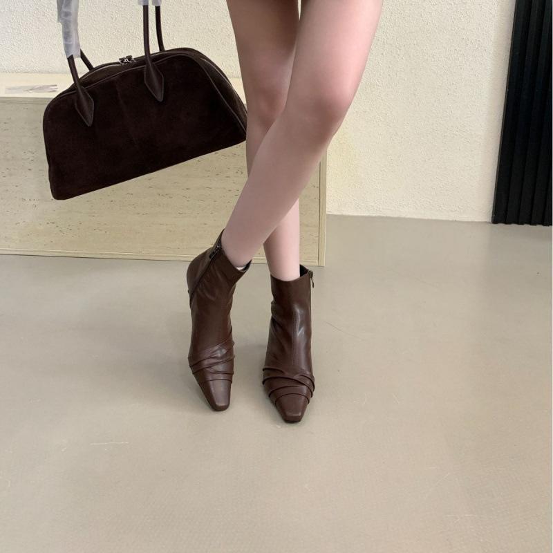 

Retro pleated thin boots women s 2025 new side zipper versatile high-heeled boots fashionable temperament short boots 39