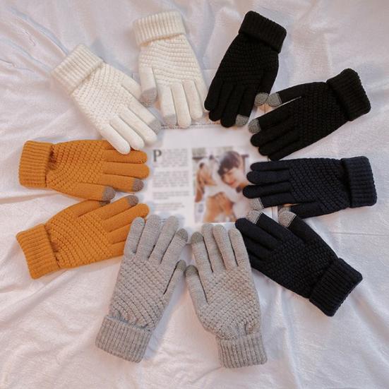 Gestrickte Touchscreen-Handschuhe Einfarbig Dehnbar Warme Handschuhe mit Rippbündchen Unisex Verdickte Winterstrickhandschuhe