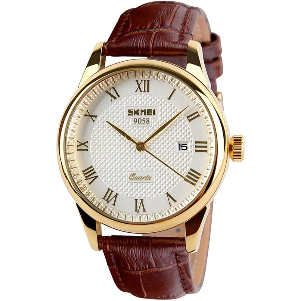 Men s Brown Leather Strap Quartz Analog Watch Waterproof Classic Casual Lightweight Date Display