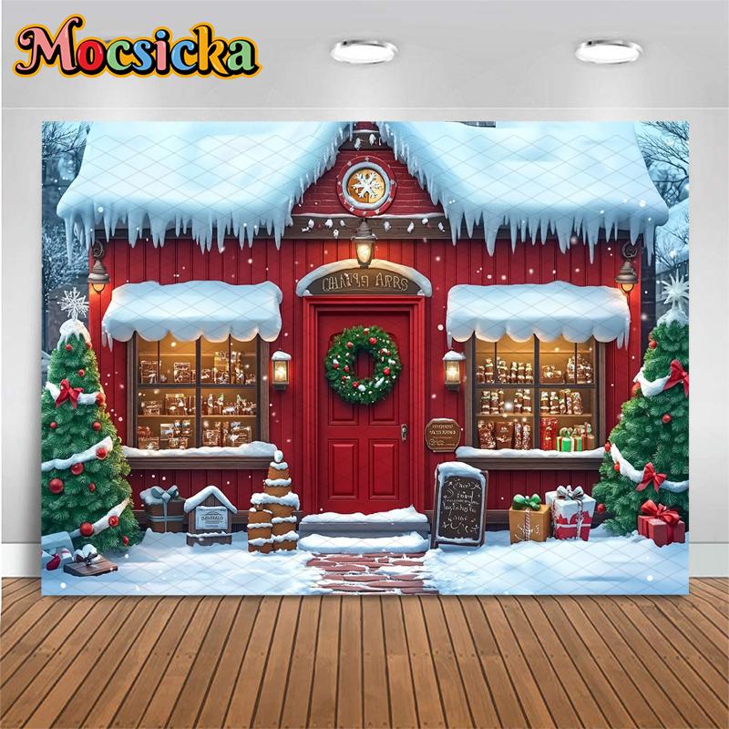 Mocsicka Christmas House Backdrop Winter Snow New Year Party Wallpaper Tree Gift Shop Decoration Festival Photography Background