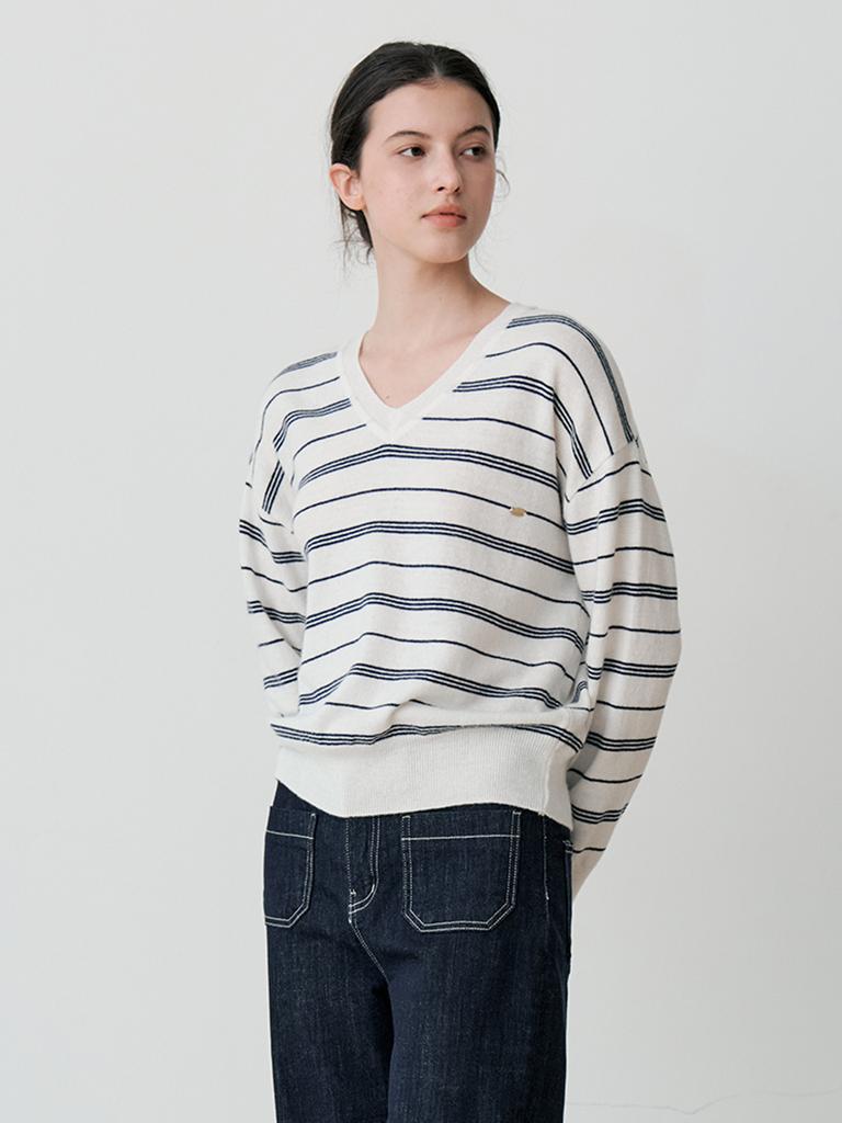 LE STUDIO Striped V-Neck Knit (Iv)