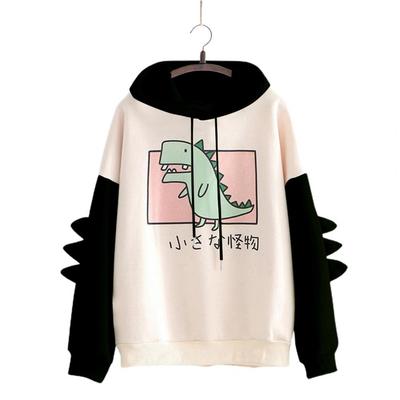 Women Hoodie Dinosaur Print Contrast Color Campus Relaxed Fit-fitting Warm Sweatshirt for Daily Wear