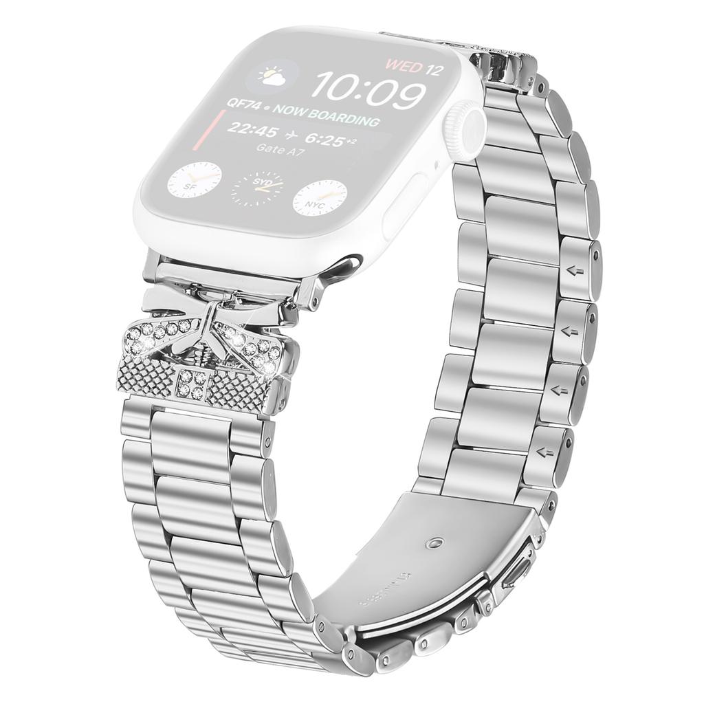 Replacement Strap for Apple Watch Series 11 10 42mm/9 8 7 41mm/SE3 SE2 SE 6 5 4 40mm/3 2 1 38mm Butterfly Rhinestones Decor Silver Watch Band