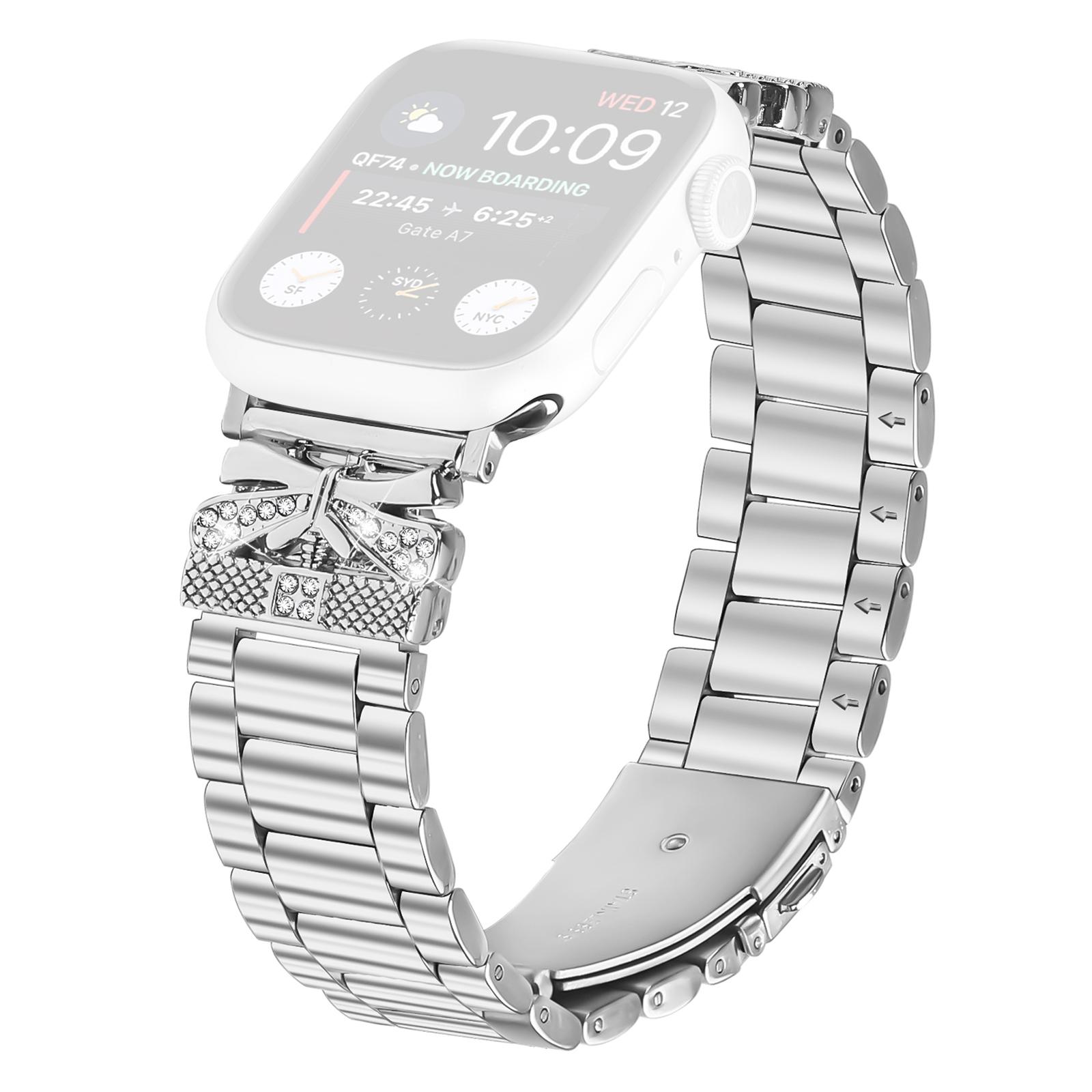 

Replacement Strap for Apple Watch Series 10 9 8 7 SE 6 5 4 3 2 1 42mm 41mm 40mm 38mm Butterfly Rhinestones Decor Silver Watch Band As Shown A