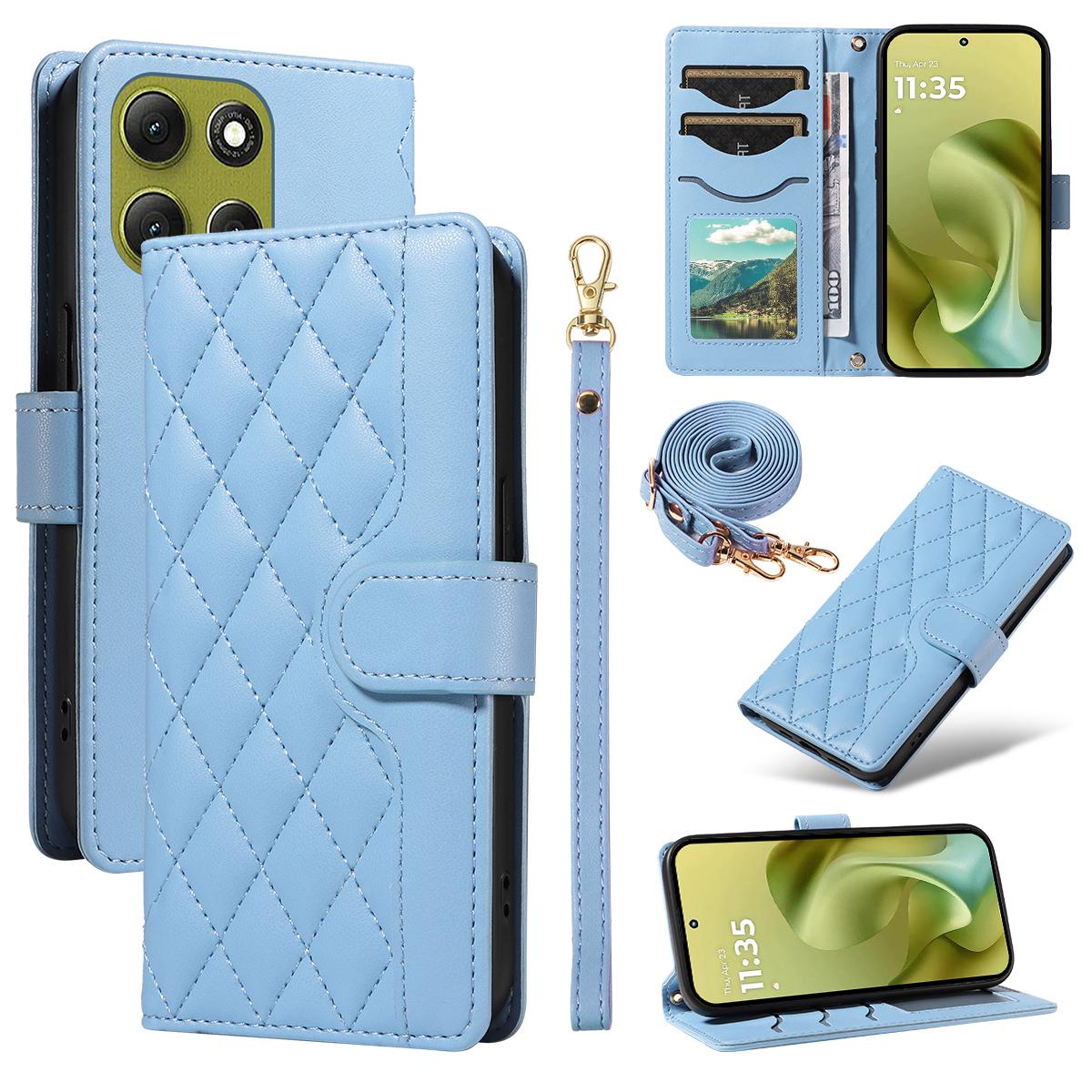 

Чехол-кошелек для Motorola Moto G86 5G/G86 Power 5G, ромбовидный кожаный чехол для телефона с ремешком Blue