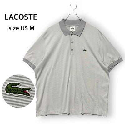 Used LACOSTE 90th Anniversary Tokyo Model 100% Cotton Shell Button Polo Shirt Top Short Sleeve Collared Gray Gray White White Border Pattern L