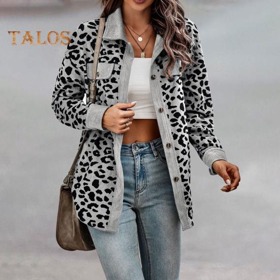 Women Spring Fall Coat Fake Chest Pocket Turn-down Collar Single-breasted Leopard Print Long Sleeves Mid Length Daily Wear Jacket