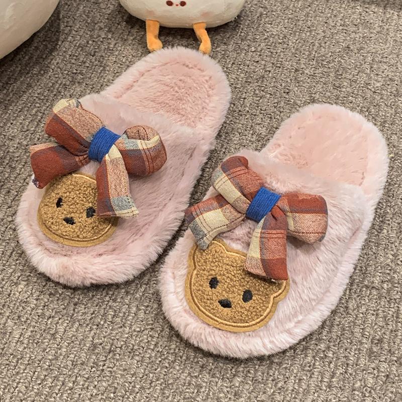 Chic Children's Slipper for Girls Cute Bear Bowknot Kids' Winter Shoes Soft Bottom Fluffy Toddlers Fashion Sweet Cotton Slippers