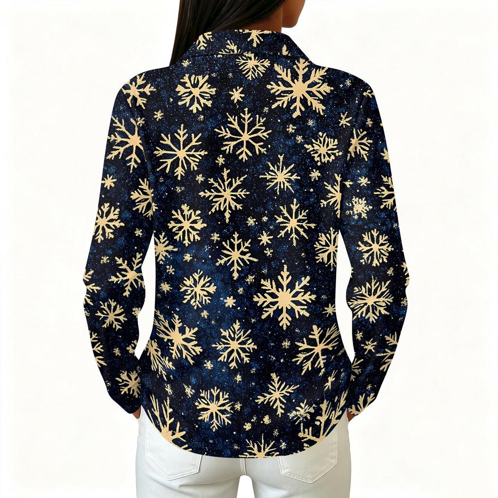 Women's Christmas Print Long Sleeve Button Front Collared Casual Top with Side Slits