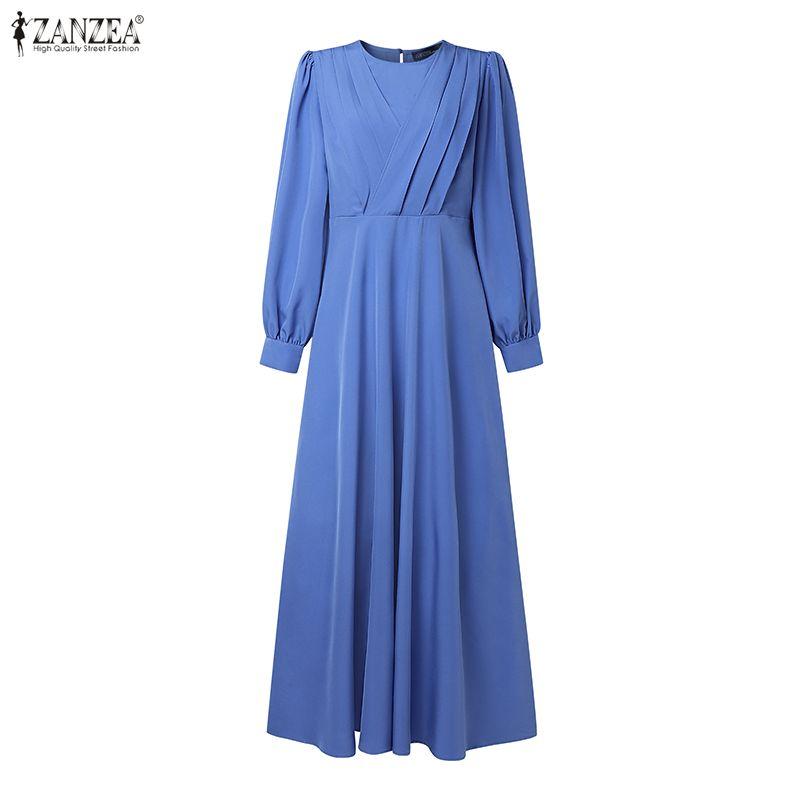 ZANZEA Muslim Women Casual Round Neck Long Sleeve Loose Long Dress