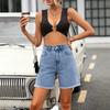 High Stretch Denim Shorts Women Washed Raw Hem Mid-Rise Straight Cut Casual Style