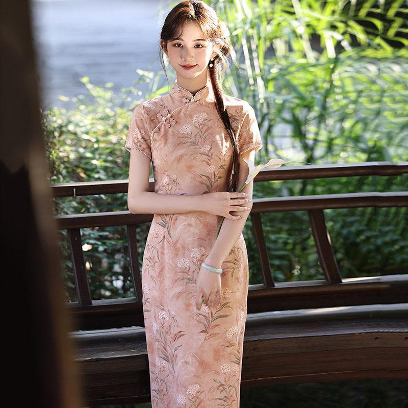 Pink national style new Chinese Suzhou long cheongsam improved young 1011 new women's high-end sense can be worn daily