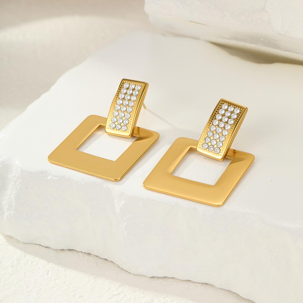 GEMCHIC Women's 18K Gold Plated Geometric Square Rhinestone Earrings Stainless Steel Elegant Drop Dangle Jewelry for Party Wedding
