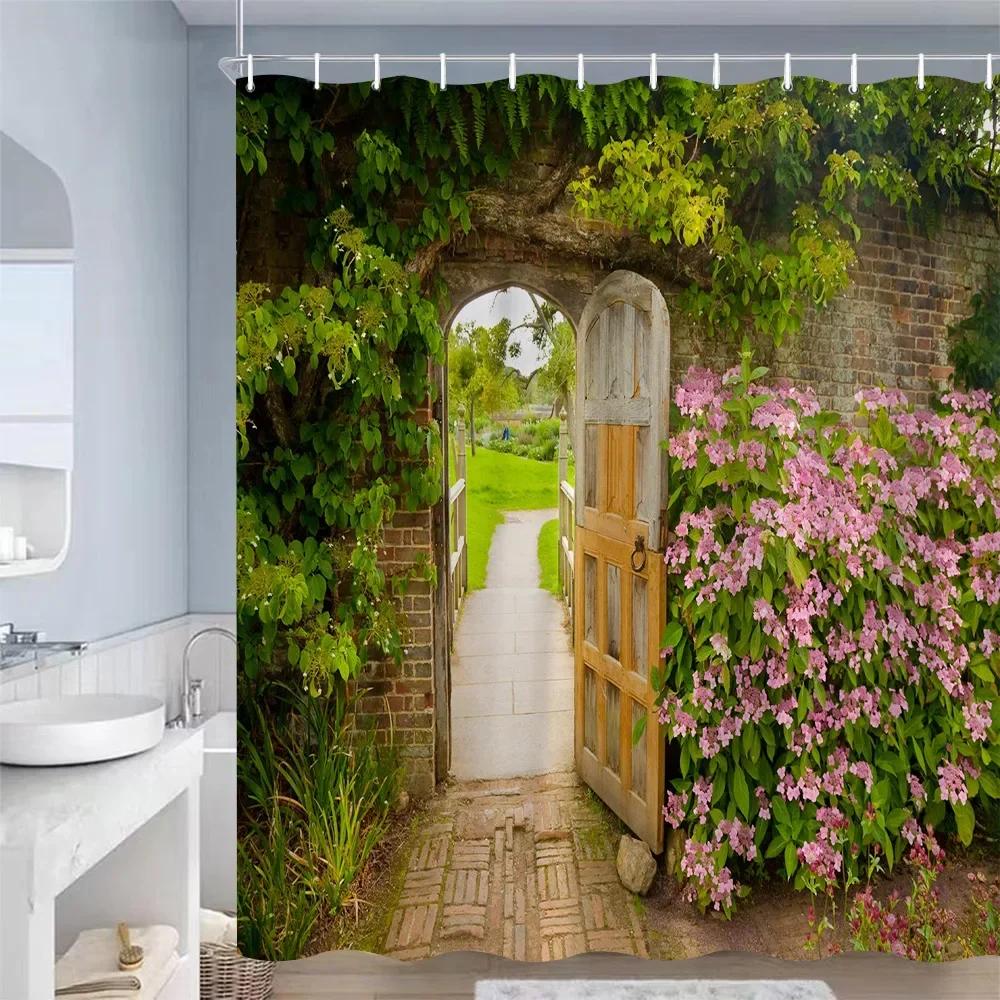 European Landscape Shower Curtains Purple Flowers Plants Blue Wooden Door Vintage Mediterranean Style Bathroom Decor with Hooks
