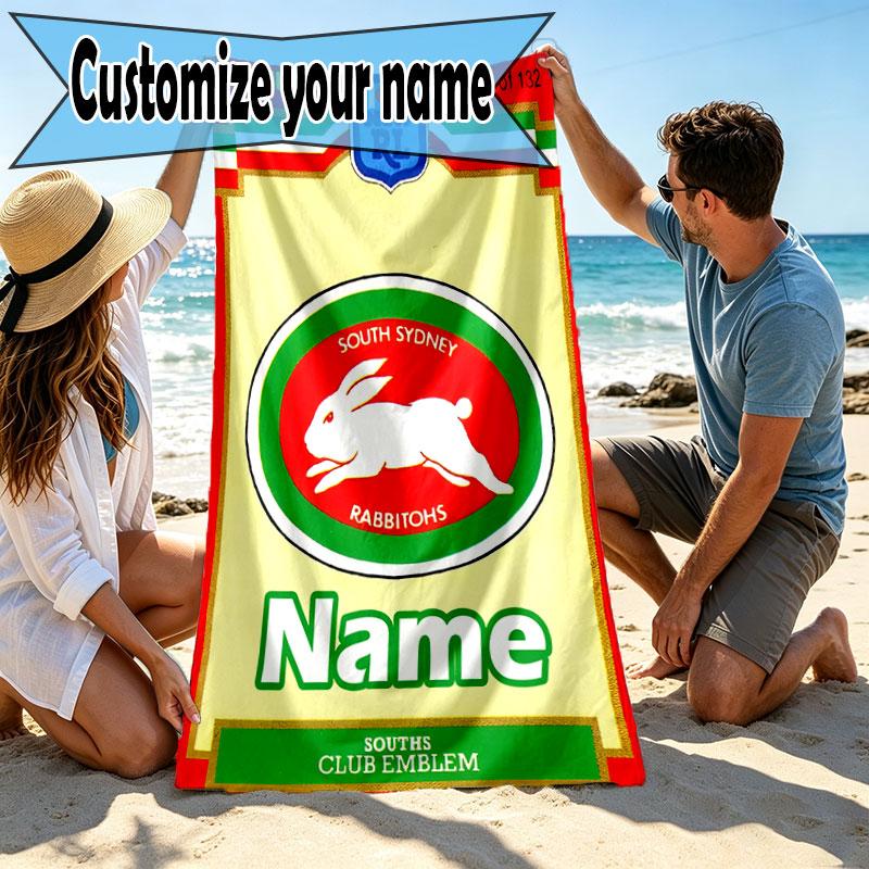 Custom Name Personalized South Sydney Rabbitohs Print Beach Towel, for Trip Camping Beach Party Home Decor, Birthday Gift for Family & Friends