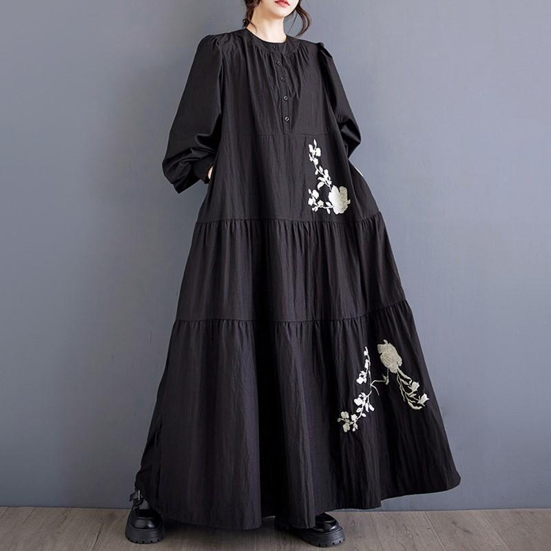 Long Sleeve Plus Size Vintage Embroidery Floral New In Dresses for Women Casual Loose Spring Autumn Dress