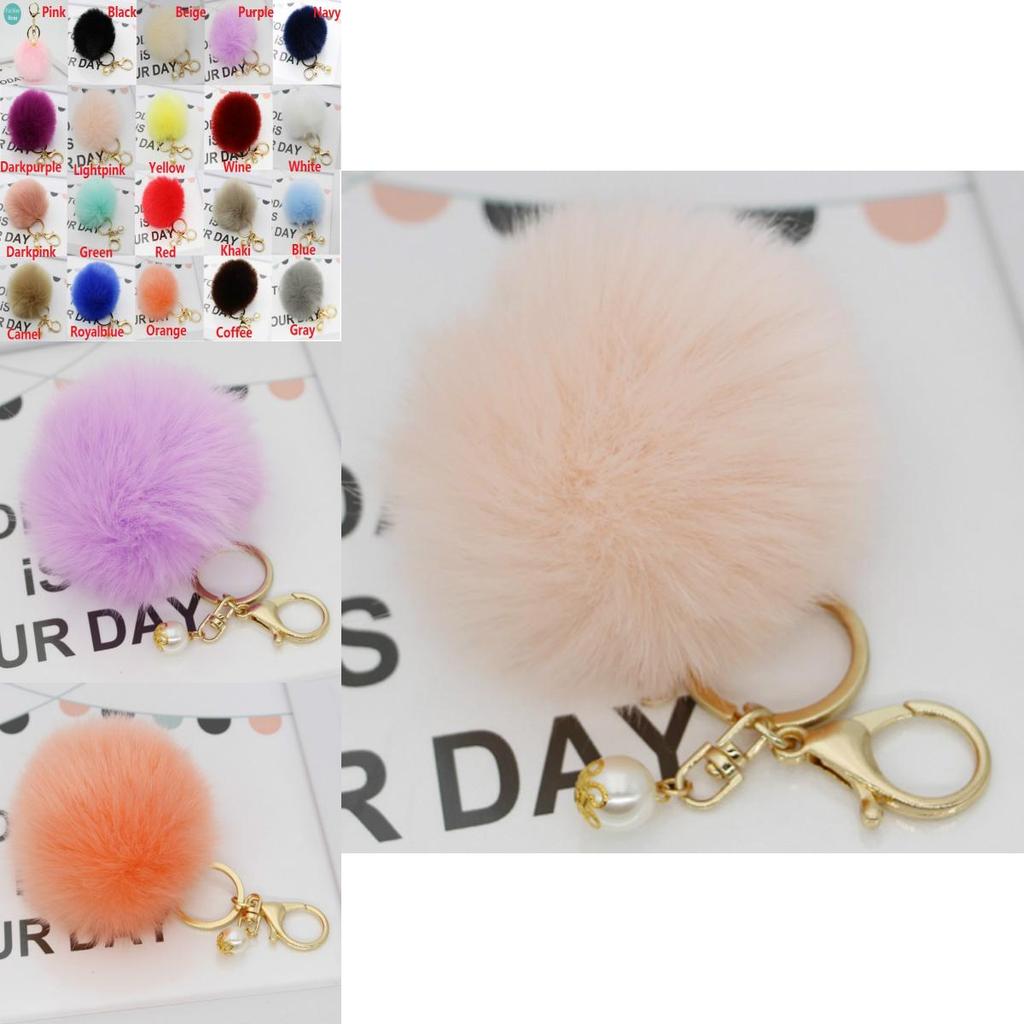 Luxurious Charm Key Ring Rabbit Fur Ball Pompom For Cell Phone And Car Keychain