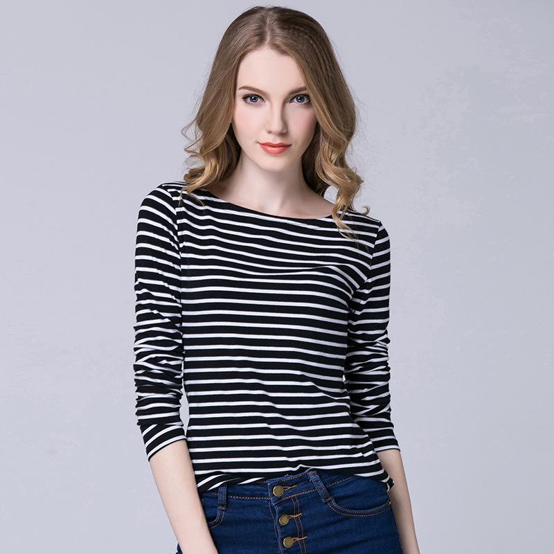2022 Women's Slimming One-Shoulder Black & White Striped Long Sleeve T-Shirt