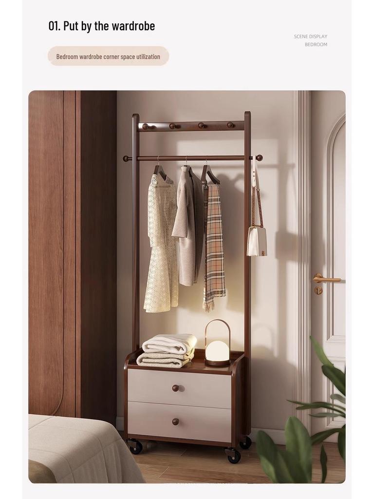 Solid Wood Bedside Table & Coat Rack with Storage Shelf – Indoor Bedroom Floor-Standing Clothes Rack