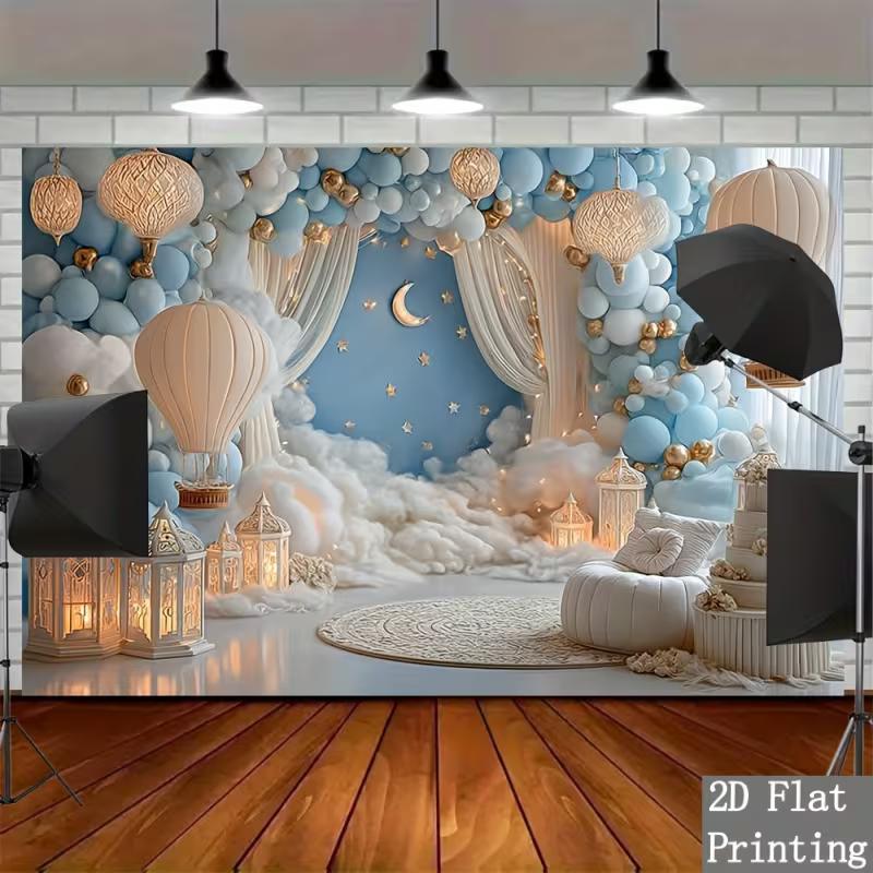 2D Hot Air Balloon Moon & Star Baby Shower Photography Backdrop