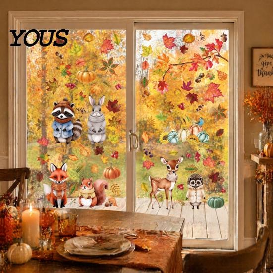 Removable Maple Leaf Decals 9 Sheets Fall Woodland Animals Window Clings, Autumn Pumpkin Clings Squirrel Fox Rabbit Glass Sticker, Anti Collision