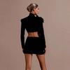 New fashion bandage set, long-sleeved fixed diamond half-turtleneck top and short hip skirt, black two-piece set.